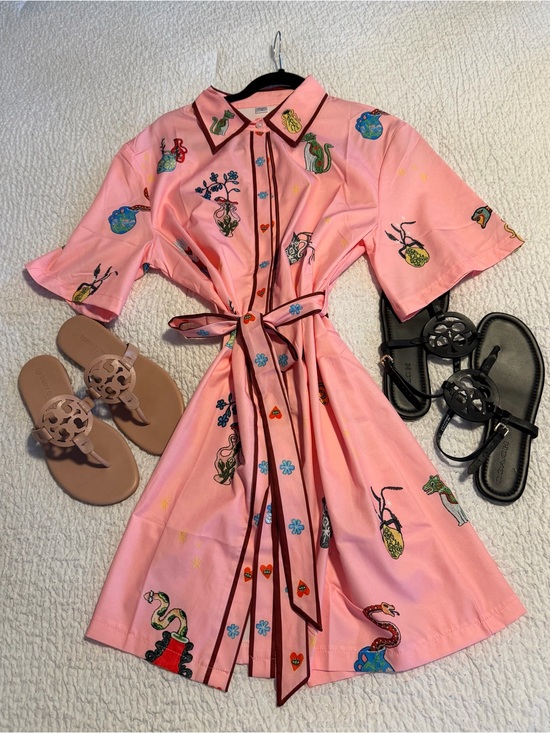 Dresses & Skirts - Pink Printed Shirt Dress with Tie Waist - new never worn